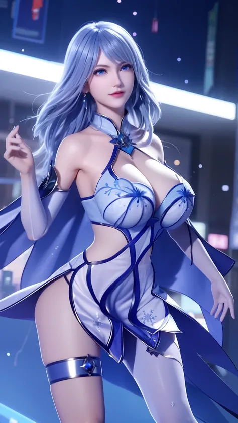 1 girl,aldult, cityscape, night,looking at the audience, blue eyes,short skirt,Medium-long gray hair, blue hair,cape, white pantyhose,snowflake, flowery, jewelry, gem,shining, thigh strap,huge 、huge breasts，4K screen，Dance，exposing her breasts、breasts on d...