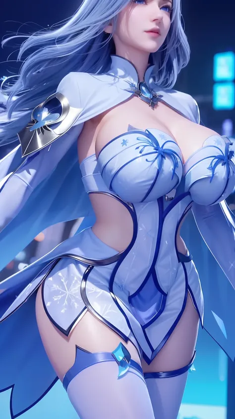 1 girl,aldult, cityscape, night,looking at the audience, blue eyes,short skirt,Medium-long gray hair, blue hair,cape, white pantyhose,snowflake, flowery, jewelry, gem,shining, thigh strap,huge 、huge breasts，4K screen，Dance，exposing her breasts、breasts on d...