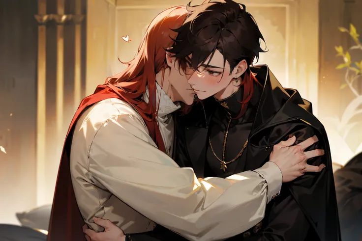 (Masterpiece), (best quality), ((super-detailed)), (2male:1.5), mature male, ((handsum male)), gay, ((yaoi)), eye contact,gay male ,hugging , heart, smile, 1 boy, Nobleman, white shirt, cape with gold inserts, red hair, long hair, brown eyes, calm, pale, 2...