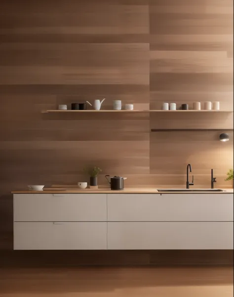 There is a kitchen with wooden walls and white counters, minimal kitchen, minimally modern, Minimalism design, elegant Minimalism, minimalist design, Minimalism设计, Minimalism, modern minimalist design, wooden decoration, Modern minimalist f 2 0, Trending o...