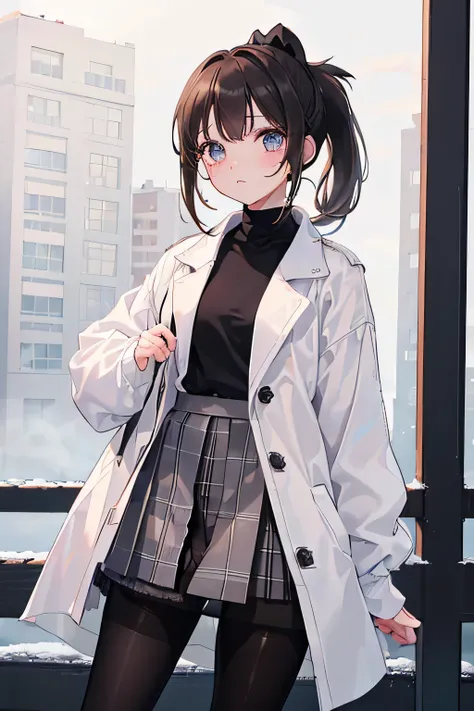 1girl, ((girl)) 、1 person、small face,20-year-old、 (tears) 、white coat、white sweater、((plaid skirt)) 、((black pantyhose:1.5)) 、Brown snow boots, (princess cut), (bob cut)、(medium hair)、(ponytail:1.5) 、brown hair 、sad expression、 (no background)