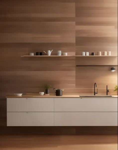 Kitchen with wooden walls and white counters, minimal kitchen, minimally modern, Minimalism design, elegant Minimalism, Minimalism设计, Minimalism设计, Minimalism, modern Minimalism设计, wooden decoration, Modern minimalist f 2 0, Trending on dezeen, Smart desig...