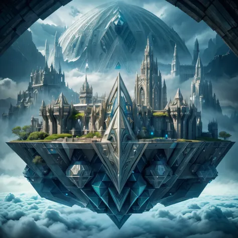 Imagine a world suspended among the clouds, Elven City, Huge Castle, Surrounding with Natural Fortress, Lord Of The Rings Theme, Sci Fi Concept City,
 (highly epic detailed geometric futuristic:1.5), centered, Wide Angle of an Insanely colorful epic realis...