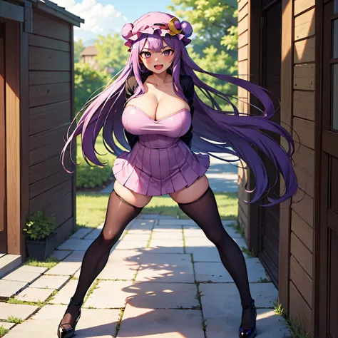 (Patchouli toho character), (standing at lakeside forest), outside, (standing with open legs wide:1.6), (arms behind back:1.3), (bending back:1.2), tiptoe, (pigeon toed), BREAK, (disproportionately gigantic huge perky breasts:1.3), cleavage, bouncing breas...