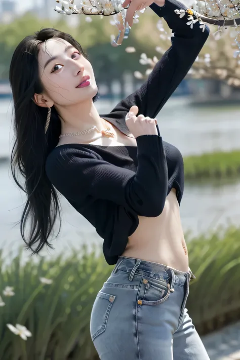 (dark blue theme,),in a spring,(nature:1.9),1 girl,whole body,black hair,very long hair,grinning,navel,crowd,(Shanghai Bund background),dynamic angle,dynamic poses,outdoor,高color saturation,color saturation,(jewelry:1.9),putting on jewelry, warm light,warm...