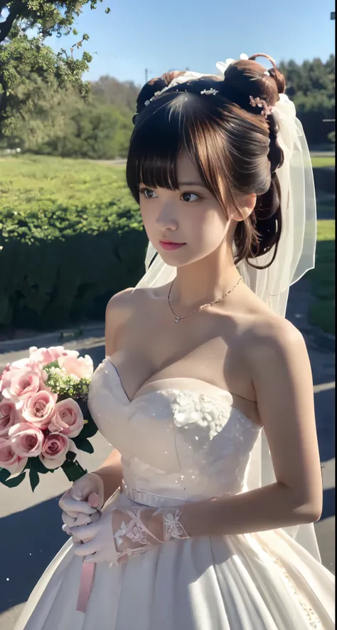 (((Pixel perfect, Perfect details))), alone, 1 girl, yuigahama yui,  Close-up of beautiful bride wearing beautiful wedding dress,Gurwitz, looking at viewer,(bridal veil:1.5），（transparent short veil：1.5），makeup,pink blush，dark blue eye shadow，Blushing face，...