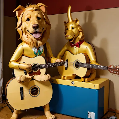 Cartoons of guitar players、Anthropomorphic Golden Retriever Dog（Holding a cigarette）