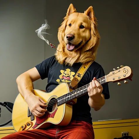 Cartoons of guitar players、Anthropomorphic Golden Retriever Dog（Holding a cigarette）