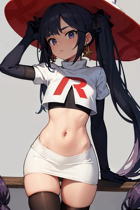 ((masterpiece,best quality)), team rocket,team rocket uniform, red letter R, white skirt,white crop top,black thigh-highs,black elbow gloves zettai ryouiki, aamona, long hair, twintails, hair ornament, black ribbon, earrings, witch hat, purple headwear, co...