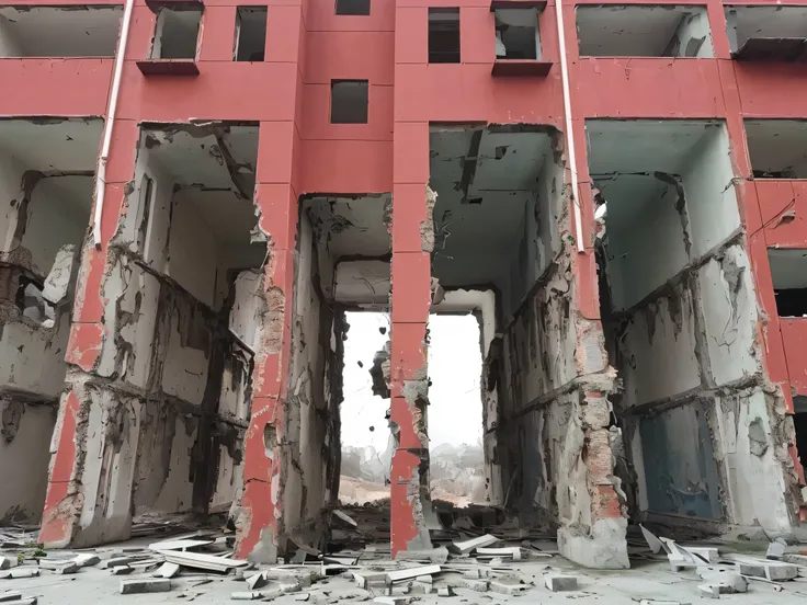 Ruins filled with construction debris, Super details, Have a sense of space, in red、Grey predominantly, 