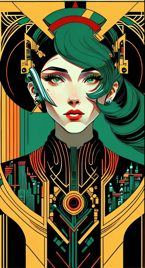 (masterpiece, 4k, ultra detailed, raw photo: 1.2), illustration, (1woman:1), (single background: 1.4), (symmetry: 1.2), (Art Deco:1.4), (retro-futuristic:1.4), (minimalism:1.4), (clean:1.4), (flat_color:1.4), (cyberpunk:1.4), CCDDA Artstyl