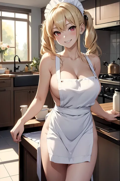 top quality、Best image quality、masterpiece、girl((30 years old、best tits、bust 90、Blonde Twintails、red eyes、open your chest wide、valley、happiness、slim、laugh,fitness)）high quality、beautiful art、background((kitchen))、table top、Elaborate Design、Visual arts、, 1 ...