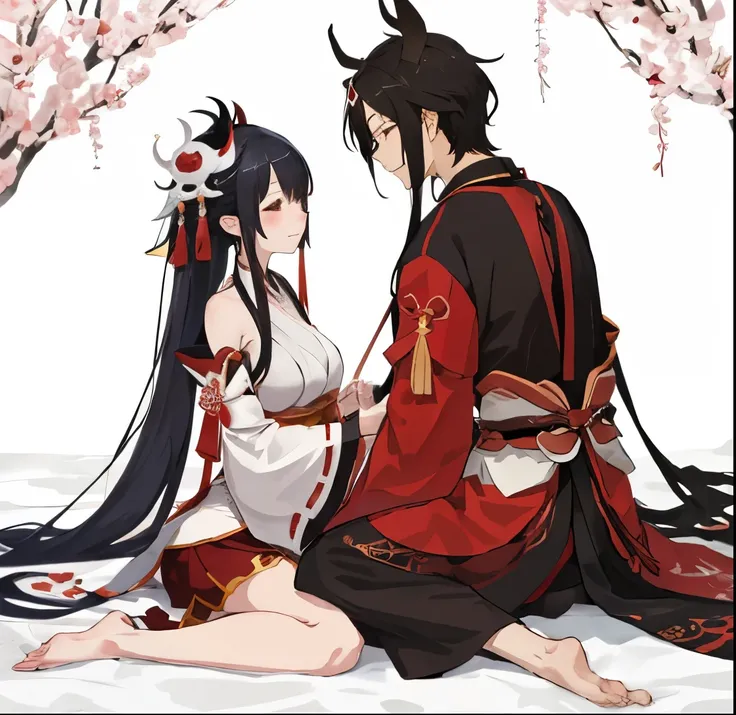 anime couple sitting on a bed with flowers in their hair, yiqiang and shurakrgt, by Shitao, onmyoji, by Yang J, hidari and vlop, by Xie Sun, onmyoji detailed art, nixeu and sakimichan, flowing hair and long robes, by Ju Lian, by Li Zai