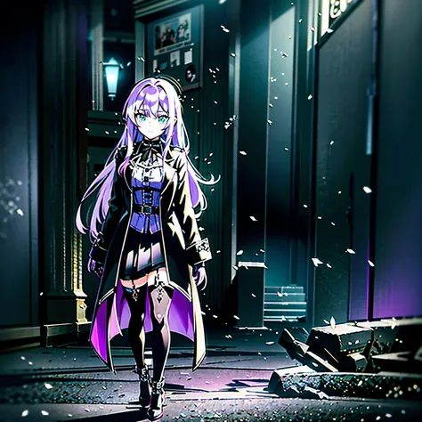 /imagine prompt: color photo of a young woman with long, light purple hair, beautiful light green eyes, around 20 years old. She is wearing a black coat, a deep purple gothic skirt, black gloves, black knee-high stockings, and deep red Mary Jane shoes. The...