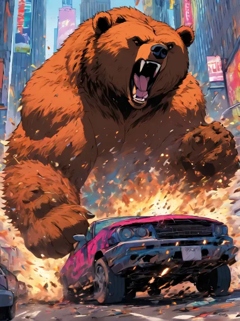 Comic panel of a muscular bear destroying cars in New York City.