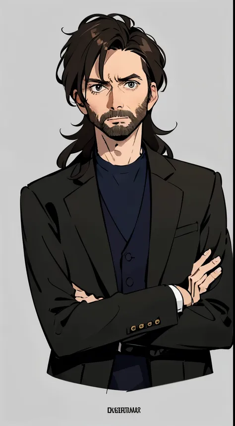 david tennant with medium long black hair and 3-day beard, gray eyes. black clothing with a doctor's coat. simple background.