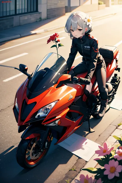 motorcycle, flower, English letters, a bit, genuine, Until then, blast, yan 08k, photo shoot, beautiful, colorful, genuineista, masterpiece, better quality, better quality, Until then oficial, beautiful and aesthetic, eyes pulled , small eyes