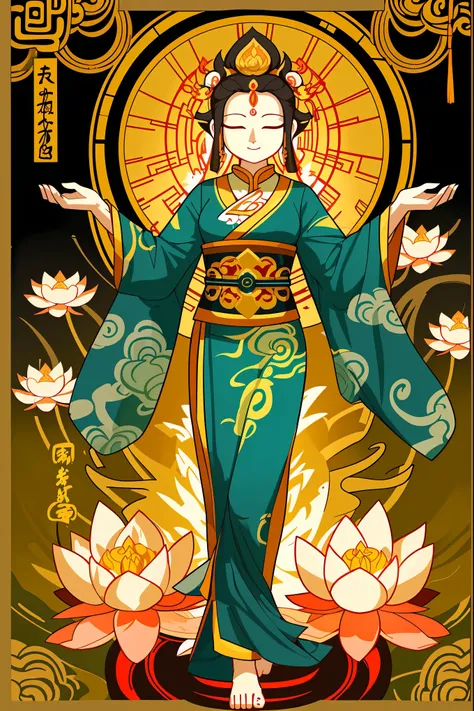 contented female bodhisattva, guanyin of the southern seas, Serene expression, standing on a lotus, goddess of love and peace, attractive male deity, the non-binary deity of spring, goddess of nature shui mo hua, Buddha, Buddhist, Lotus, Chinese painting s...