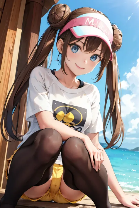 table top、highest quality、High resolution、1 girl、low length、Slender、smile、brown hair, bun hair, blue eyes, long twin tails, visor cap, black tights, raglan sleeves, yellow shorts,shirt, pink bow, watch、outdoor、Photo of the subject from below、tits、Loose sho...