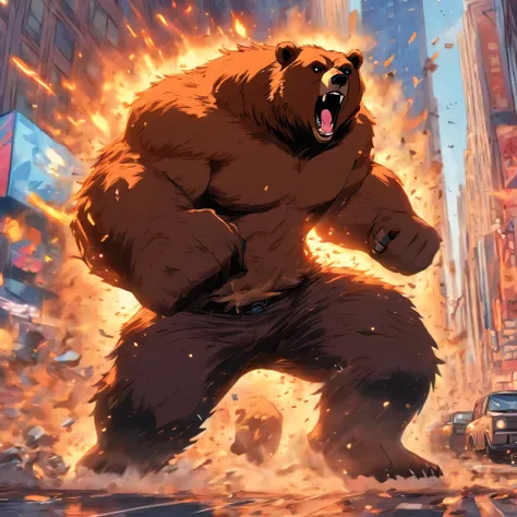 Comic panel of a muscular bear launching cars in New York City.