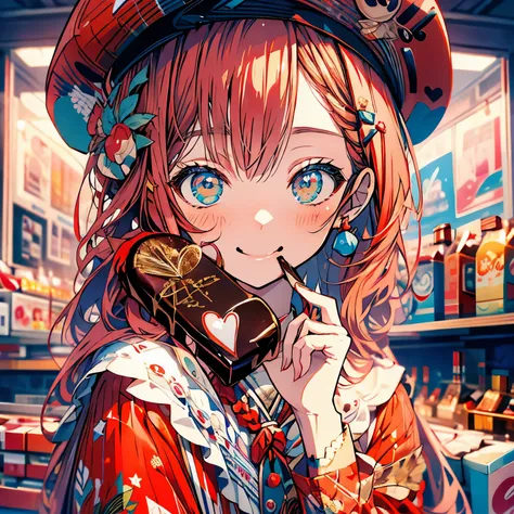 highest quality、masterpiece、anime girl、smile、Upper body、red hair、clothes、beret、Eating chocolate