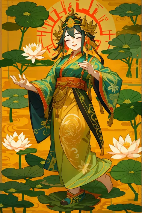 contented female bodhisattva, guanyin of the southern seas, Serene expression, standing on a lotus, goddess of love and peace, attractive male deity, the non-binary deity of spring, goddess of nature shui mo hua, Buddha, Buddhist, Lotus, Chinese painting s...