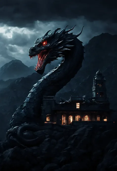 (best quality,4k,highres,masterpiece:1.2),ultra-detailed,realistic,hydra building,dragon logo,dark,lonely building surrounded by mountains,sharp focus,professional,physically-based rendering,night scene,vivid colors,detailed textures,moody lighting,atmosph...