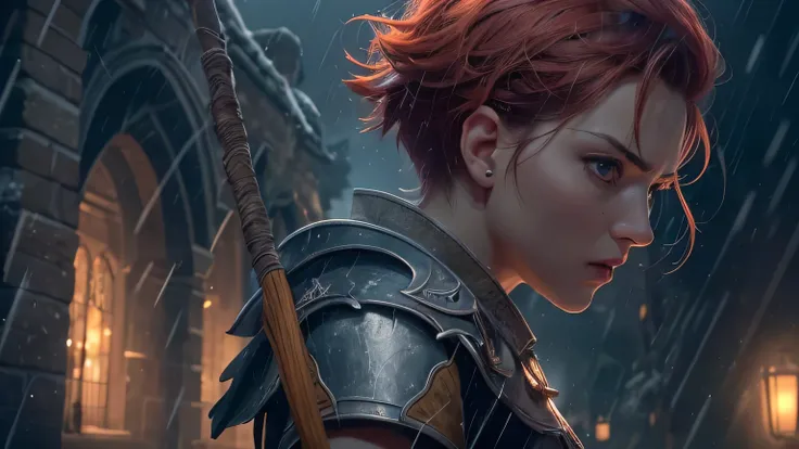 (best quality,4k,8k,highres,masterpiece:1.2) wide-shot of female knight with short red pixie haircut carrying a spear, fighting fantasy soldiers, worried expressions. dark rainy night outside castle walls.