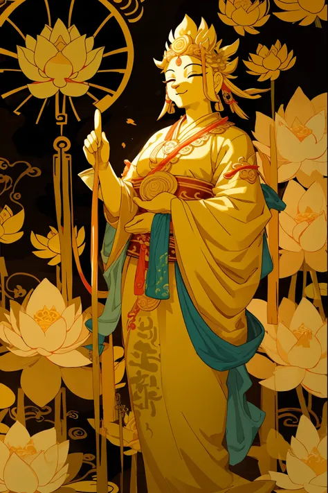 anthro, furry, contented female bodhisattva, guanyin of the southern seas, Serene expression, standing on a lotus, goddess of love and peace, attractive male deity, the non-binary deity of spring, goddess of nature shui mo hua, Buddha, Buddhist, Lotus, Chi...