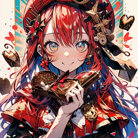 highest quality、masterpiece、anime girl、smile、Upper body、red hair、clothes、beret、Eating chocolate