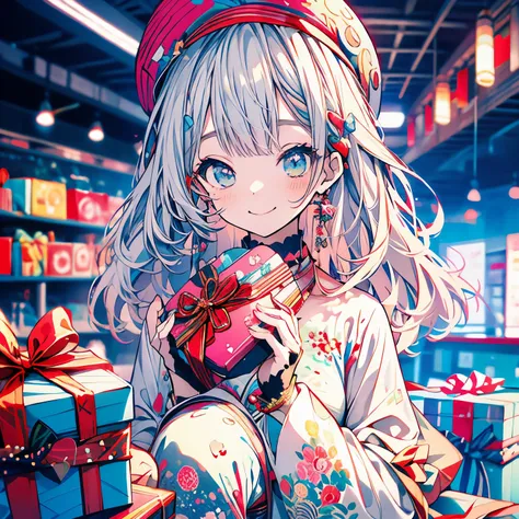 highest quality、masterpiece、anime girl、smile、Upper body、clothes、beret、gift、give a present