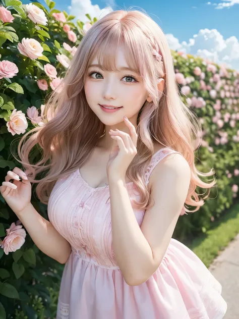 bright,Calm,smile,woman wearing a pink dress,big and shining eyes,light pink cheek,Soft wavy hair,Hair that seems to be blowing in the wind,Flowers and fluffy clouds around,bright陽光