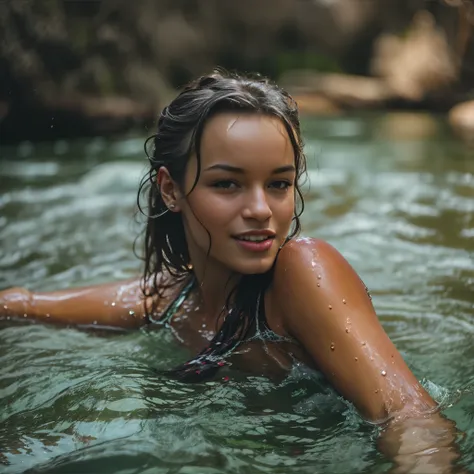 woman swimming in the river, flirting with the camera