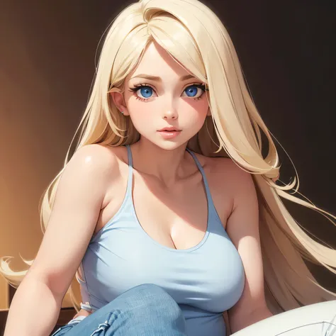 (1girl) ((Masterpiece)) ((High Quality)) ((Perfect Face)) ((Beautiful)) ((Round face)) ((older)) ((Blonde hair)) ((long Hair)) ((Cute Nose)) ((Blue Eyes)) ((Light Skin)) ((Camisole)) ((Tight jeans)) ((Full lips))