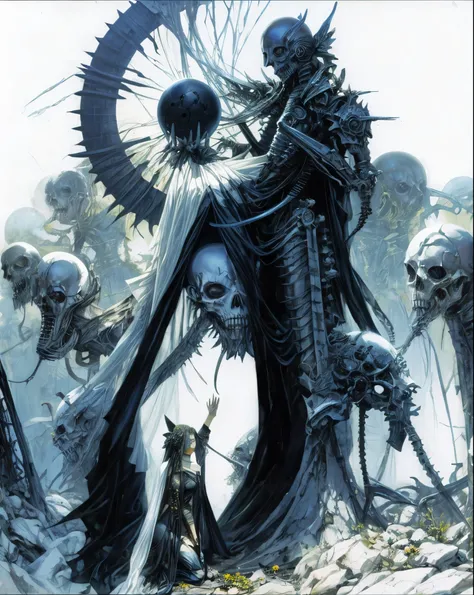 Horror, a skinny pale and starv death man with a sunflower instead his head, huge gargantuan black sun, humanoids overgrown with flowers, woman’s on knees , anime stile monster