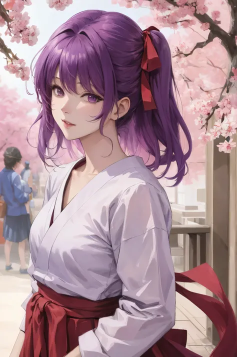 high res, masterpiece,Sakura Matou,fate, purple hair, solo, 1girl,outside,deatailed background, detailed eyes,