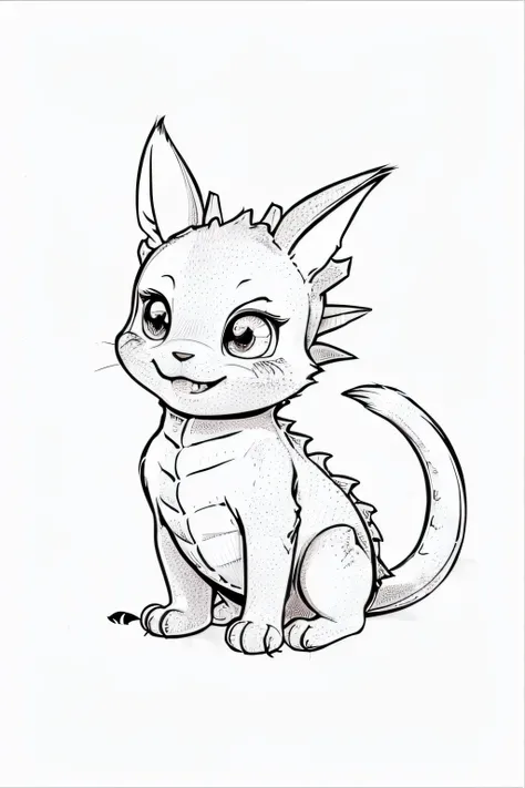 kawaii dragon drawing, adorable design, childrens coloring book, lively and cute, (((( White background )))), joyful expressions, detailed illustration, cartoonish baby dragon, high-quality image, crisp lines, RAW format