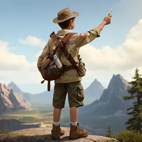 boy in scout uniform holding a javelin with his hand, scout boy, boy scout troop, motivational, adventure hyper realistic render, wearing adventuring gear, full - body portrait of a ranger, a wanderer on a mountain, ultrarealistic, details upscaled