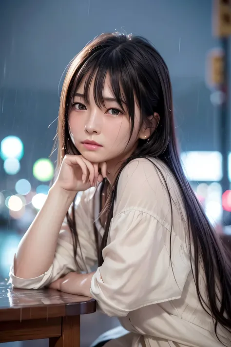 realistic, 想像力豊かなマカオの女性ページの1 girl, highest quality, highest resolution, Super detailed, 16k, movie lighting, (雨のnight:1.4),(night:1.4), (Are crying:1.4),(tears:1.4), 大tears, wet in the rain, wet hair, street lamp light, fine eyes, expression of sadness, te...