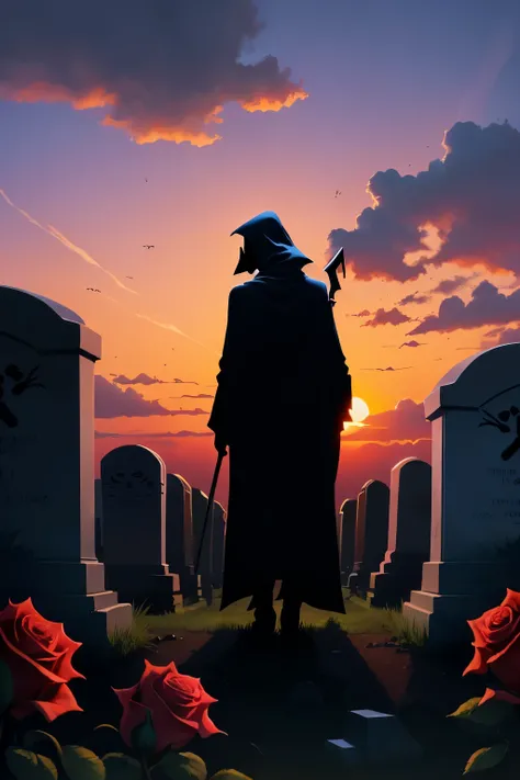 Animation style，grim Reaper，silhouette，tombstone，roses，sunset，a black cat