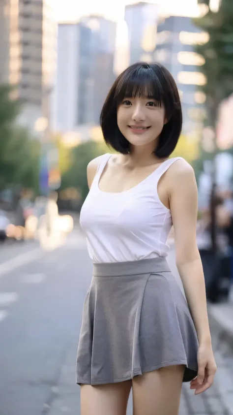 Japanese、beautiful girl、１２age、Short hair、Fat body、very thick body、bust is very big、Photographed from directly in front、sleeveless small clothes、Understand the shape of your bust、very short skirt、Have a skirt hem、showing panties、Exposing panties、smiling fac...