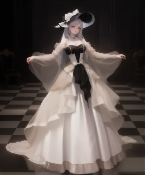 wearing white dress、Alafid woman wearing black hat posing for photo, Elegant gothic princess, Dress up in dreamy formal attire, Dreamy intricate long gown, Astral Witch Clothes, Gothic billionaire, rococo cyberpunk, fantasy costumes, fantasy dress, Imperia...