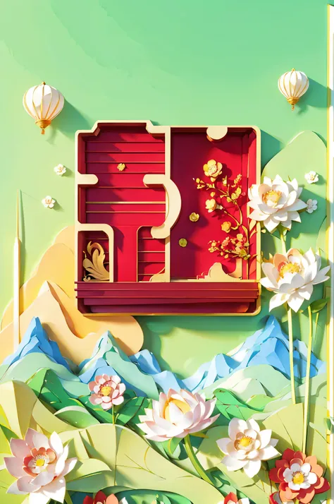 (number art,paper cut:1.2)，Mountains, trees, rivers，flowers，lotus flower， (Oriental elements, Chinese colors, senior color matching),  (3d sculpture，rendering by octane，volumettic light，Natural soft light，), (super delicate:1.2, lose focus:1.2, extremely c...