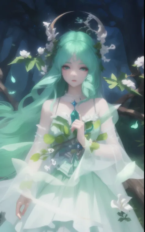 Close-up of a man with green hair and wearing a skirt, ethereal fantasy, Fairy Queen of the Summer Forest, Complex and gorgeous anime CGI style, Unreal Engine Rendering + goddess, 森林goddess, ethereal essence, Ethereal animation, beautiful ancient frost wit...