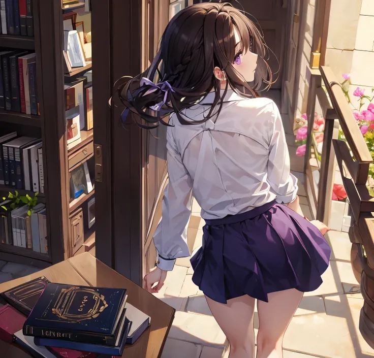 Bare legs, dark brown hair, purple eyes, purple skirt, white shirt, back braid, knotted purple ribbon, two-dimensional book