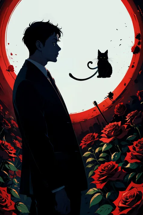 Animation style，A man talks to Death，silhouette，roses，Red Hell，black kitten