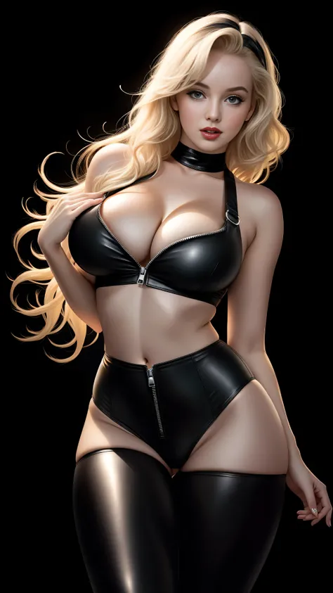 Marylin Monroe, fit body, leather pants, (nice tits:1.2)), bare shoulders, unzipped top, masterpiece, looking at camera, (high detailed skin:1.2), 8k uhd, dslr, super lighting, high res, hyper realistic, beautiful face, beautiful body, beautiful eyes nose ...