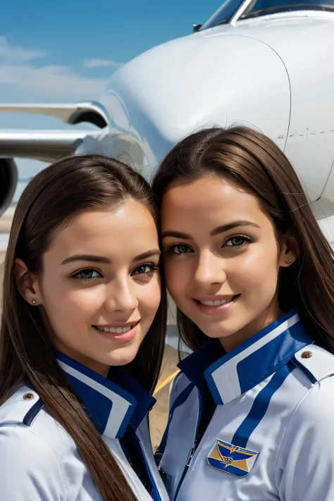 two women in white uniforms standing in a plane, jet wings on the back, alena aenami and lilia alvarado, beautiful sci - fi twins, pilot girl, plain uniform sky at the back, two models in the frame, viktor antonov, with two pairs of wings, bottom angle, be...