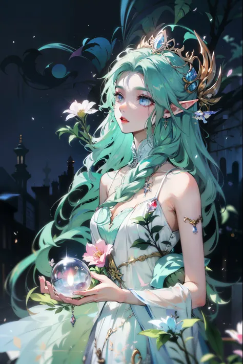 Close-up of a man holding a crystal ball in a field, ethereal fantasy, fantasy art style, 银河goddess, long flowing hair, ethereal essence, Beautiful celestial mage, Unreal Engine Rendering + goddess, Ethereal animation, 森林goddess, Beautiful and elegant elf ...