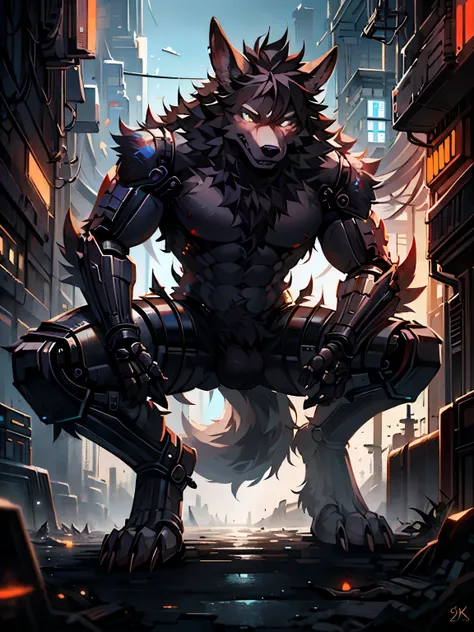 (best quality,4K,8k,high resolution,masterpiece:1.2),super detailed,actual,photoactual:1.37,Werewolf with prosthetics cyberpunk style actual scan, HD Surrealism combat Explanation: 1. (best quality,4K,8k,high resolution,masterpiece:1.2): Used to express hi...